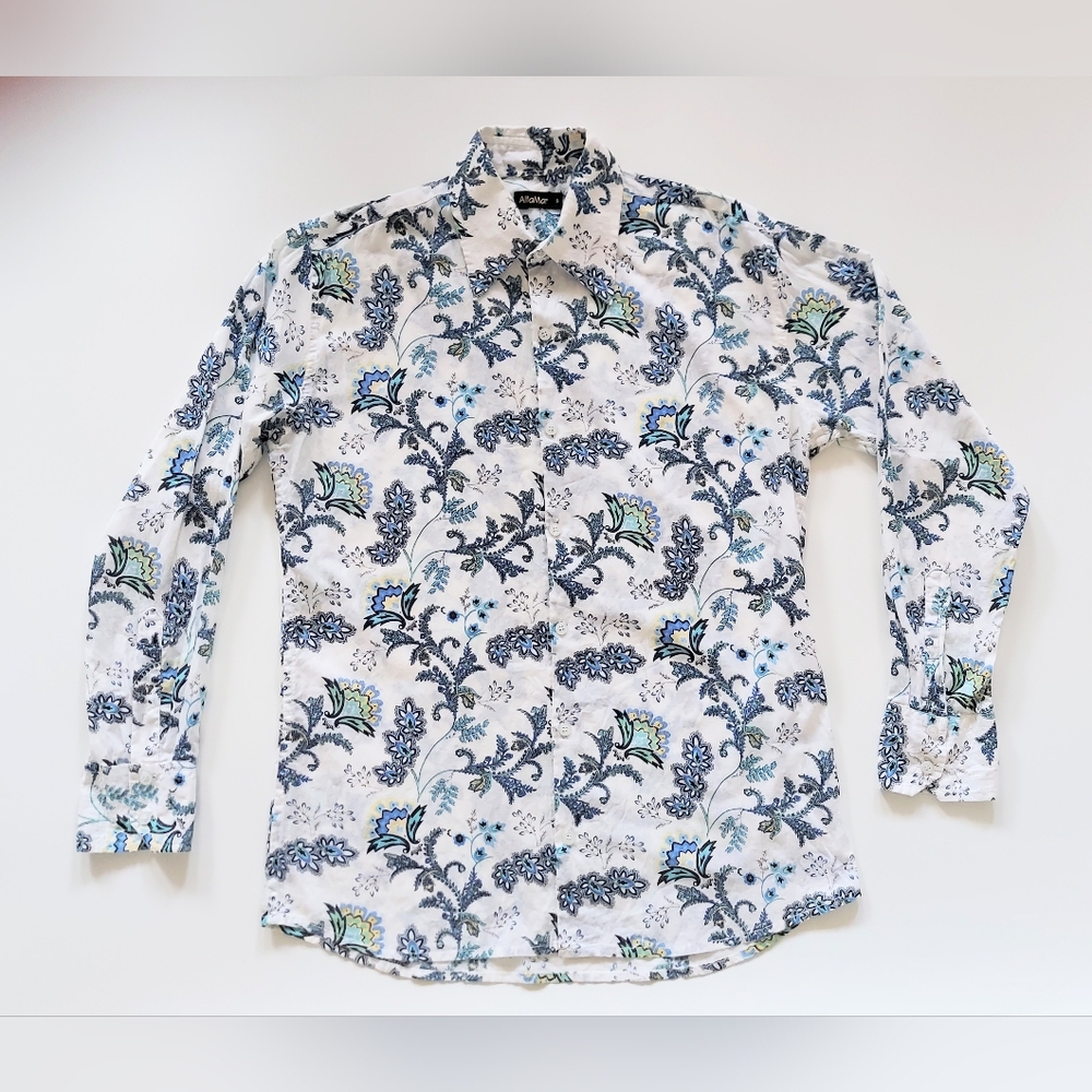 Altamar Mens Small Long Sleeve Floral Button Up Shirt Blue White 100% Cotton